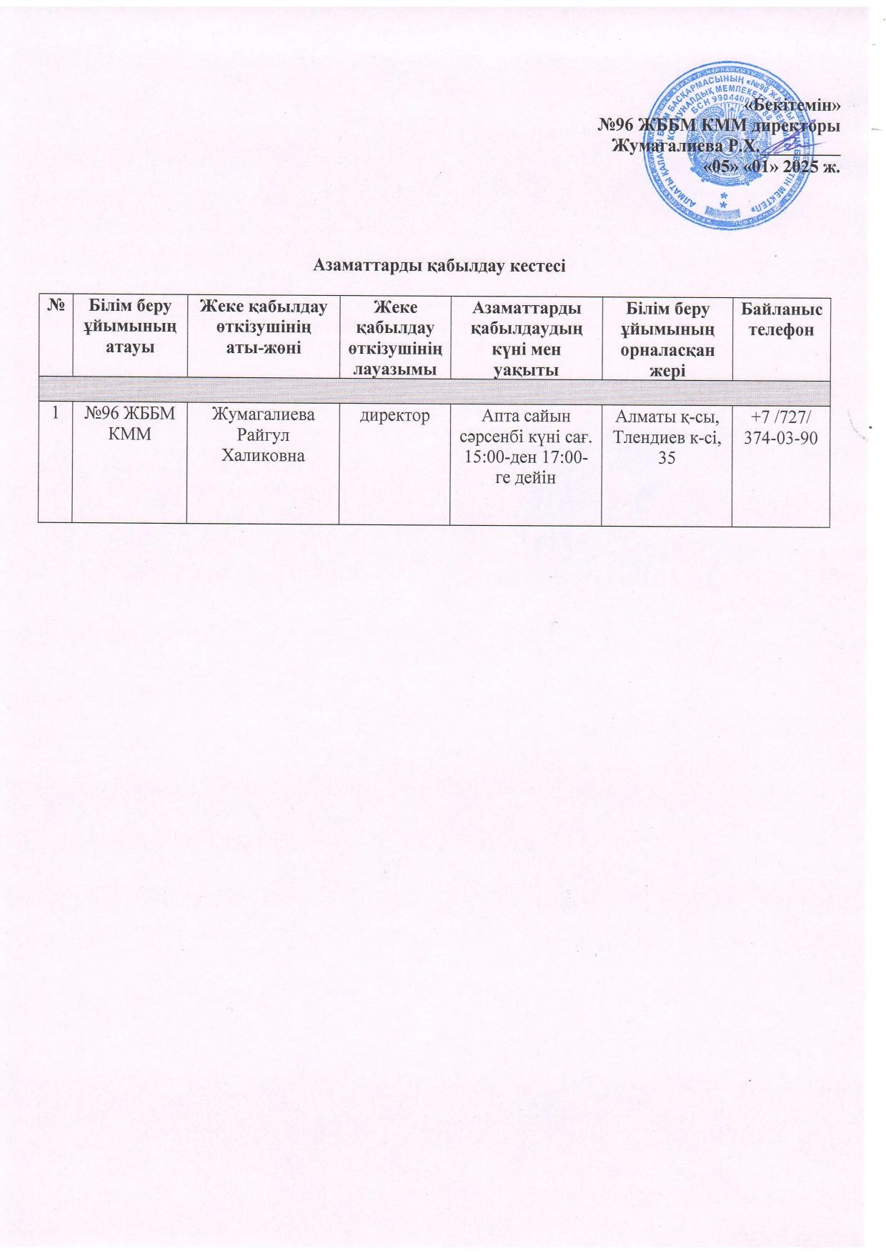 Азаматтарды қабылдау кестесі/ График приема граждан
