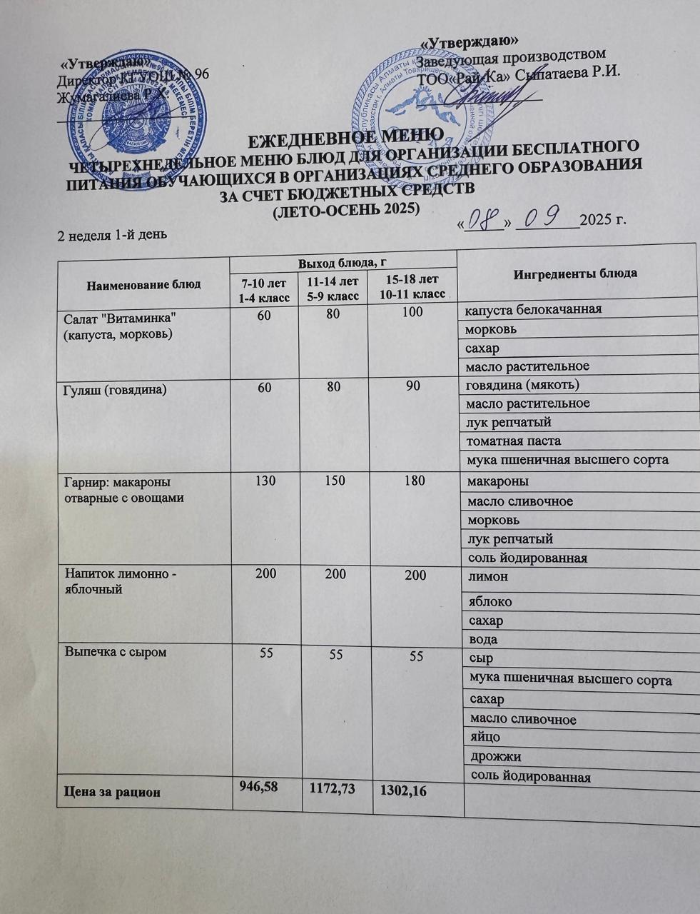 Ас мәзірі/Меню 08.09.2025