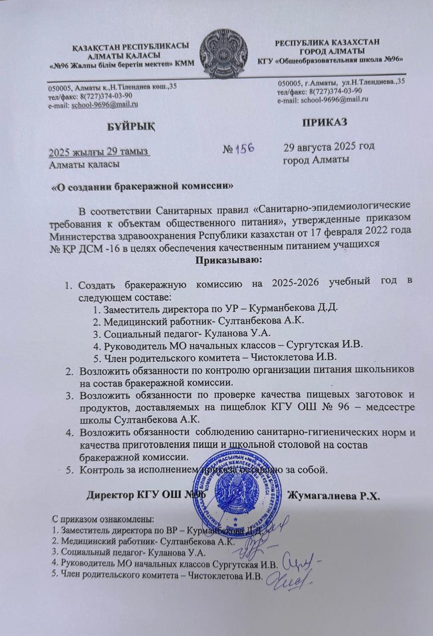 Приказ о создании бракеражной комиссии