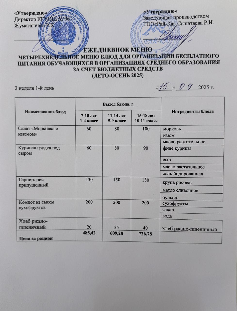 Ас мәзірі/Меню 15.09.2025