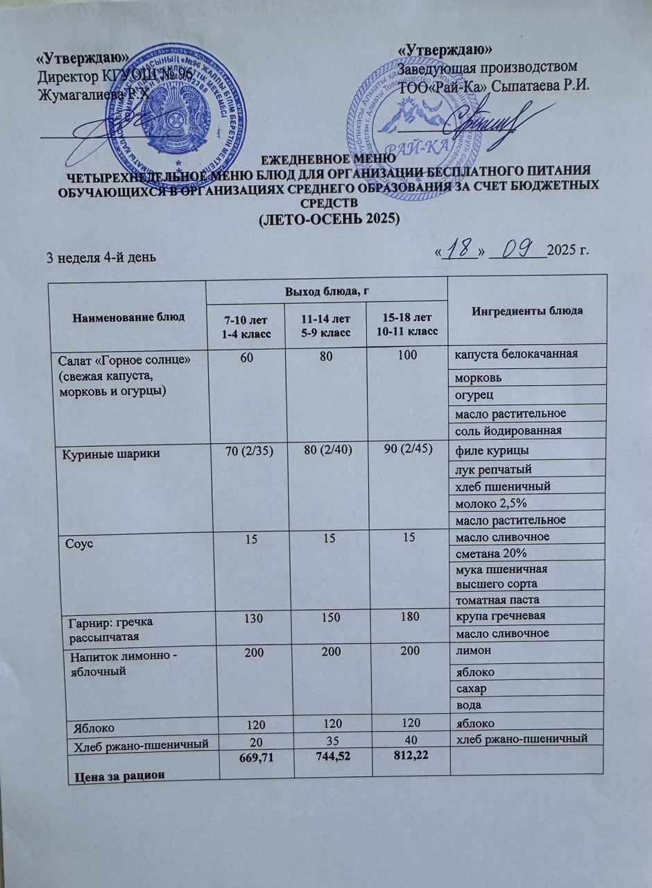 Ас мәзірі/Меню 18.09.2025