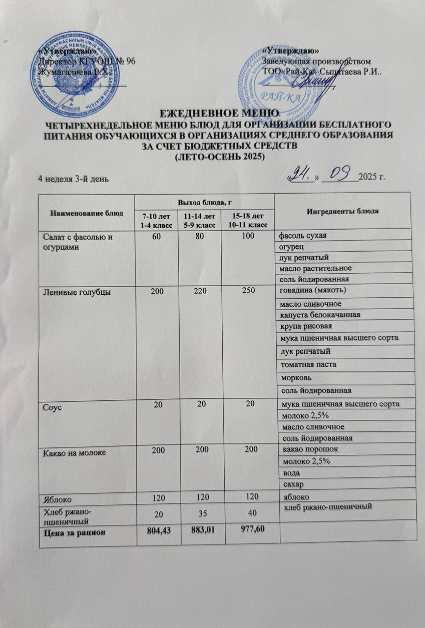 Ас мәзірі/Меню 24.09.2025