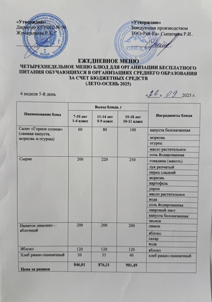 Ас мәзірі/Меню 26.09.2025