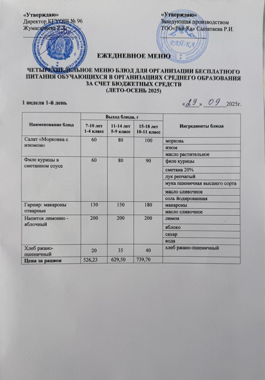 Ас мәзірі/Меню 29.09.2025