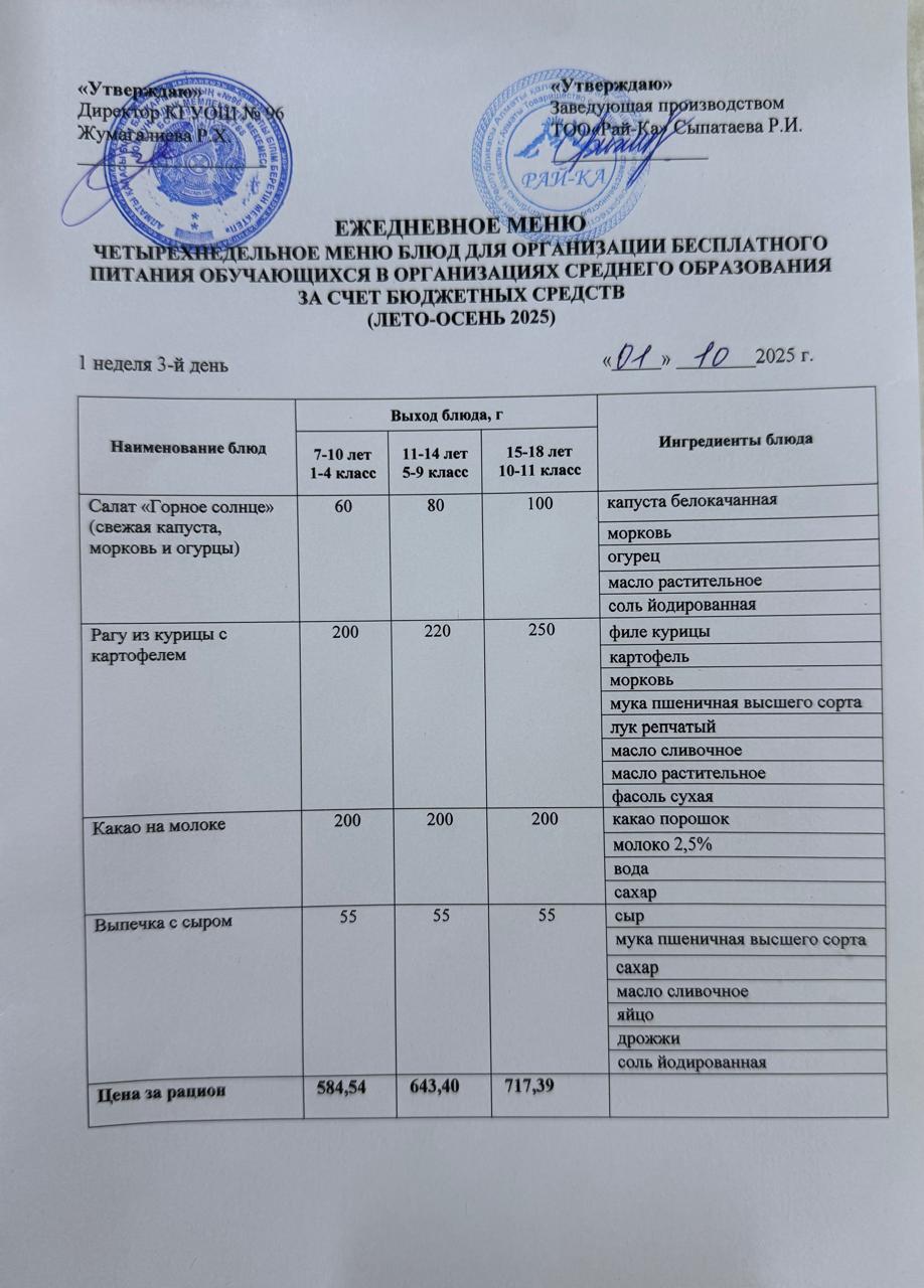 Ас мәзірі/Меню 01.10. 2055