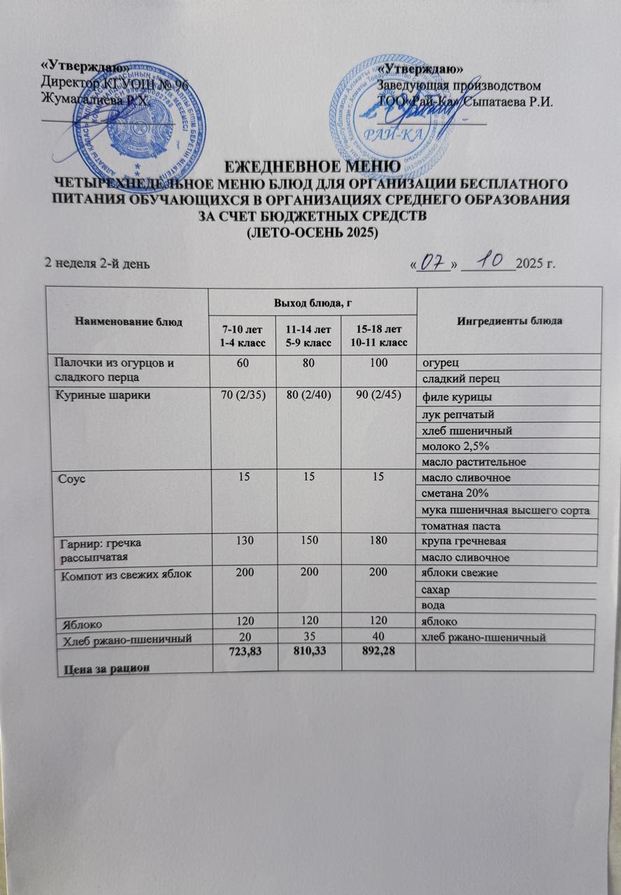 Ас мәзірі/Меню 07.09.2025