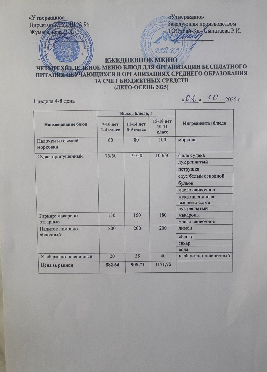Ас мәзірі/Меню 02.10.2025