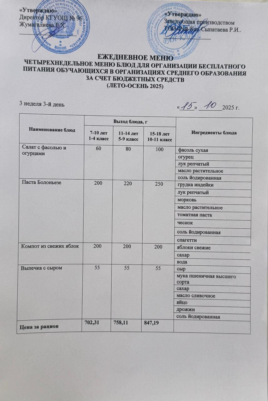 Ас мәзірі/Меню 15.10.2025
