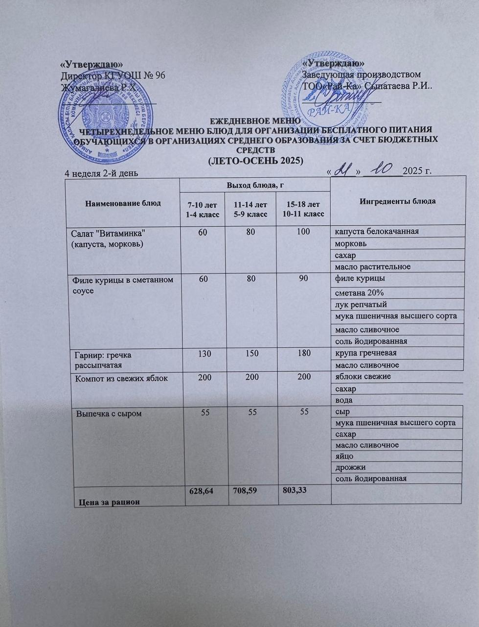 Ас мәзірі/Меню  21.10.2025