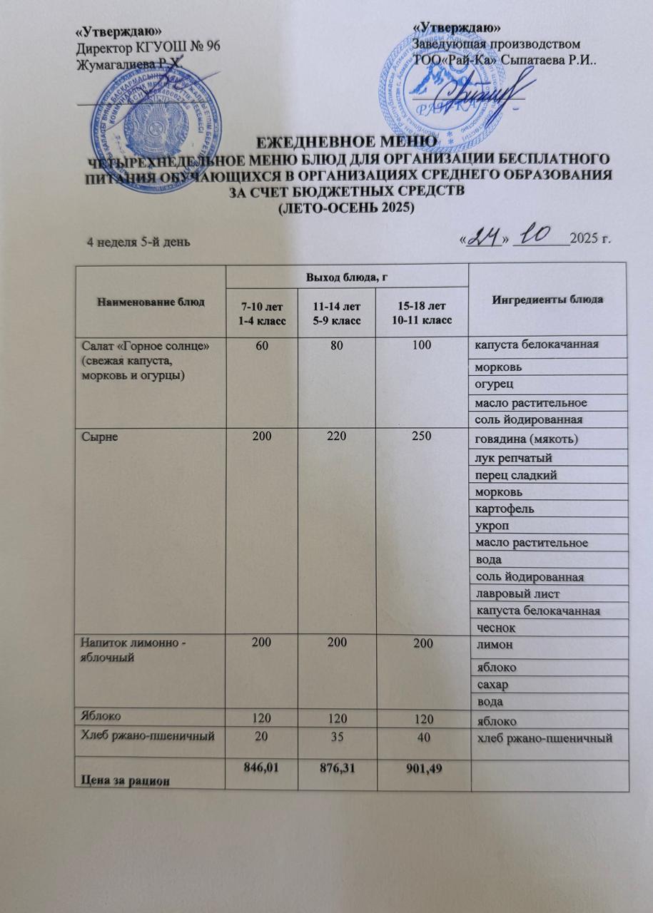 Ас мәзірі/Меню  24.10.2025