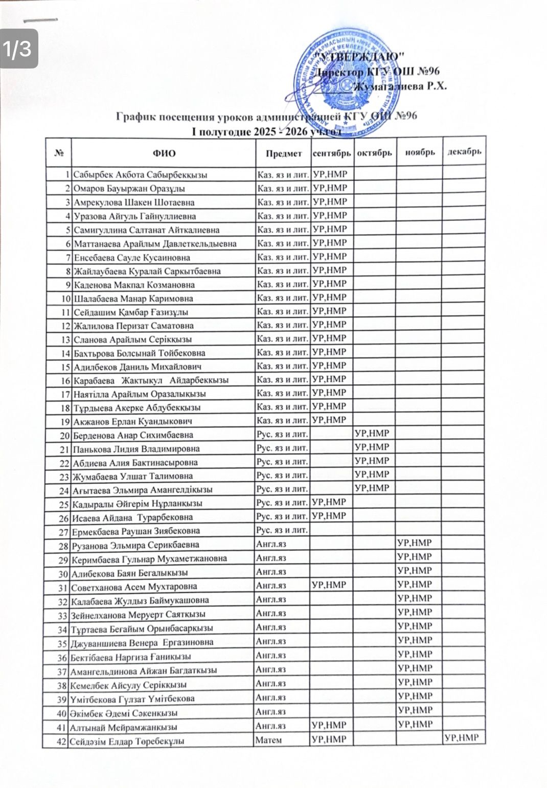 2025 жылдың қыркүйек -желтоқсан  айларына арналған мектеп әкімшілігінің сабақтарға қатысу кестесі/График посещения уроков администрацией школы на сентябрь -декабрь 2025 года