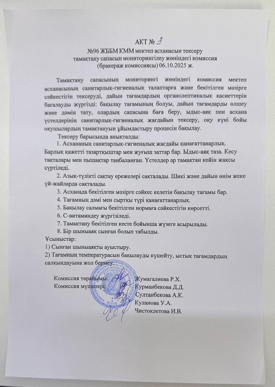 АКТ №3 №96 ЖББМ КММ асханасын сапасын мониторингілеу бракераж комиссиясы/ АКТ №3 бракеражной комиссии по мониторингу качества столовой КГУ ОШ №96