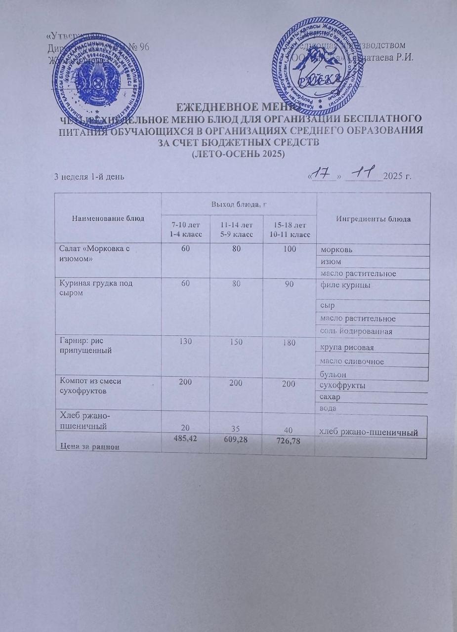 Ас мәзірі/Меню 17.11.2025