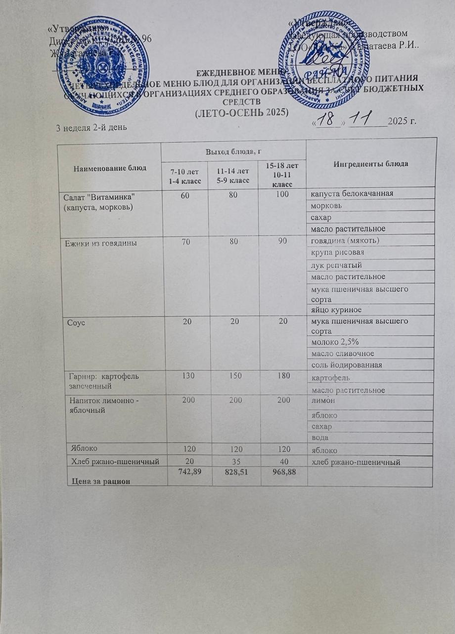 Ас мәзірі/Меню 18.11.2025