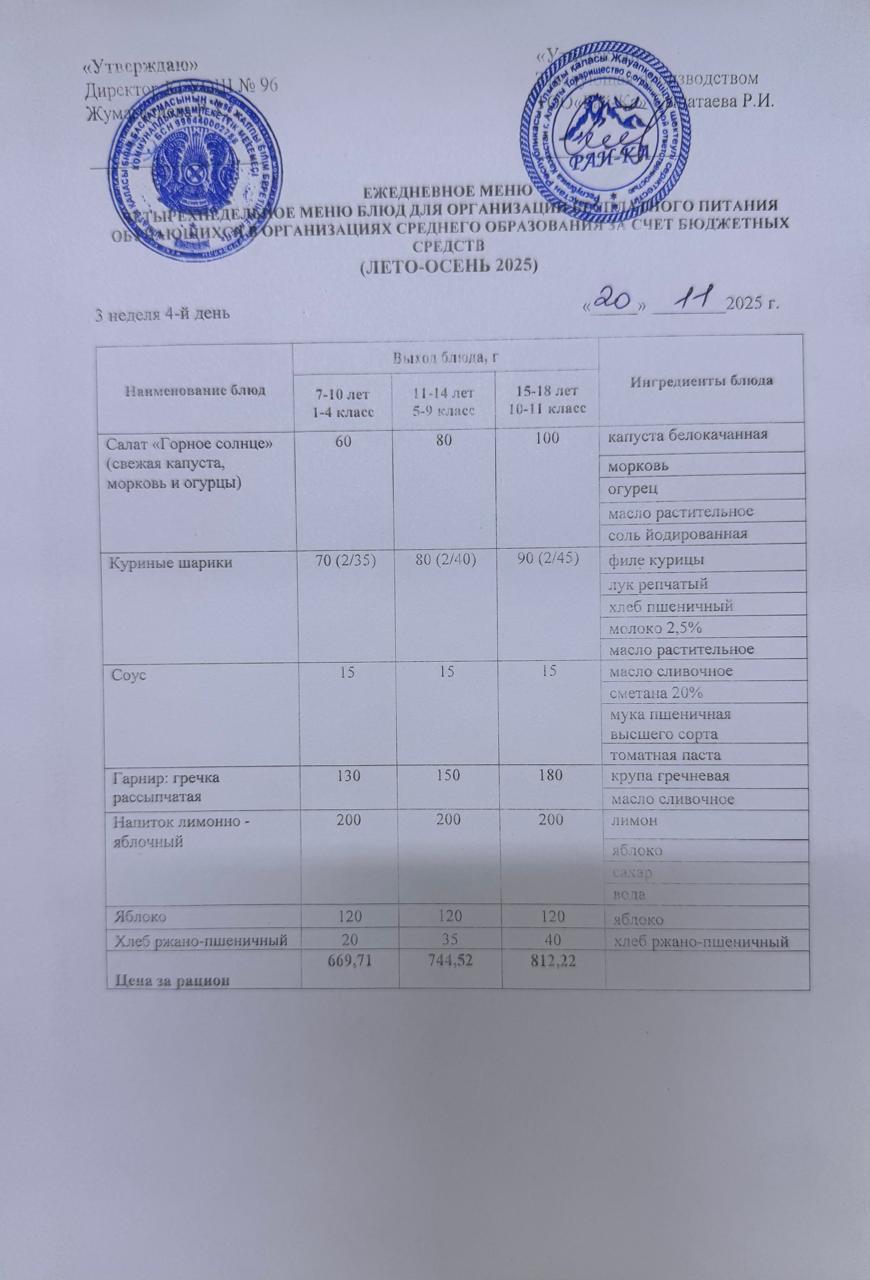 Ас мәзірі/Меню 20.11.2025