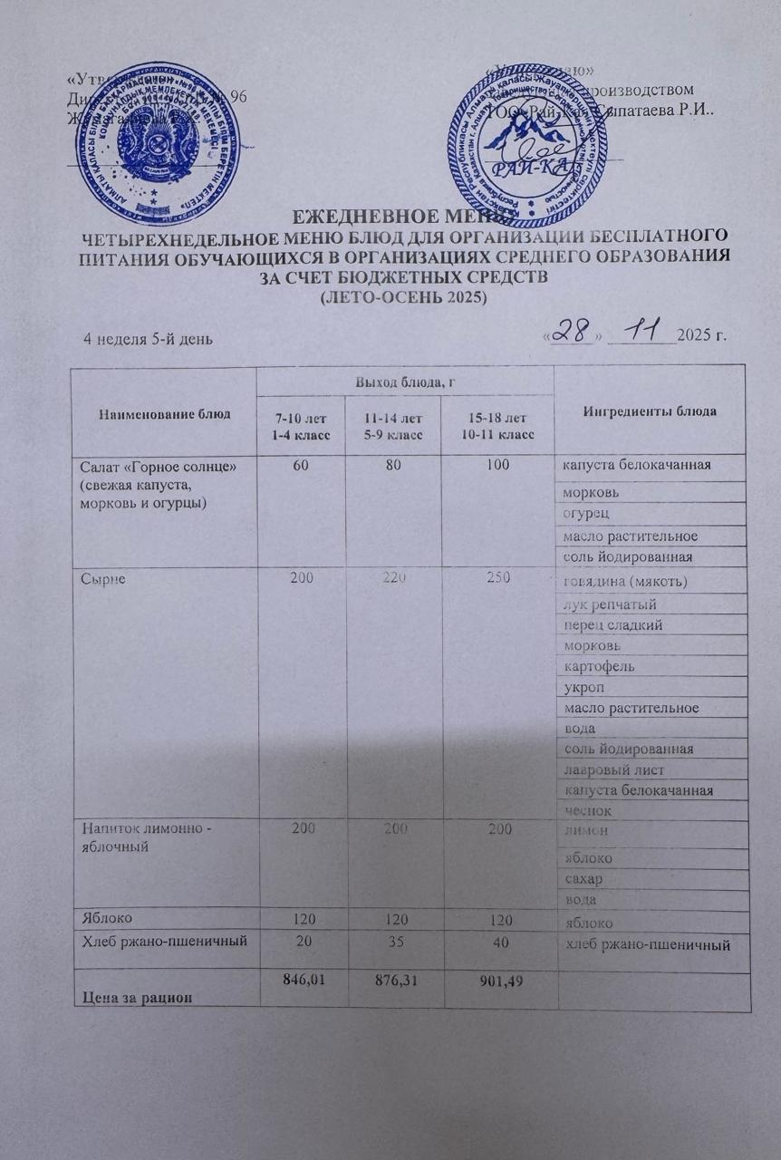 Ас мәзірі/Меню 28.11.2025