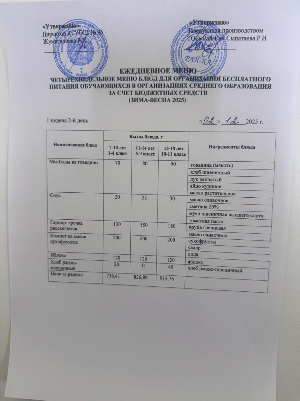 Ас мәзірі/Меню 02.12.2025