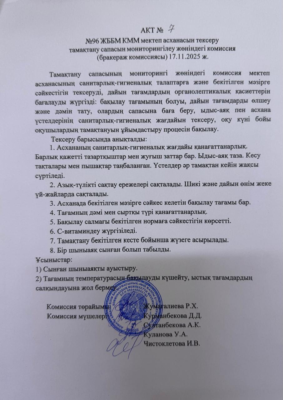 АКТ №7 №96 ЖББМ КММ асханасын сапасын мониторингілеу бракераж комиссиясы
