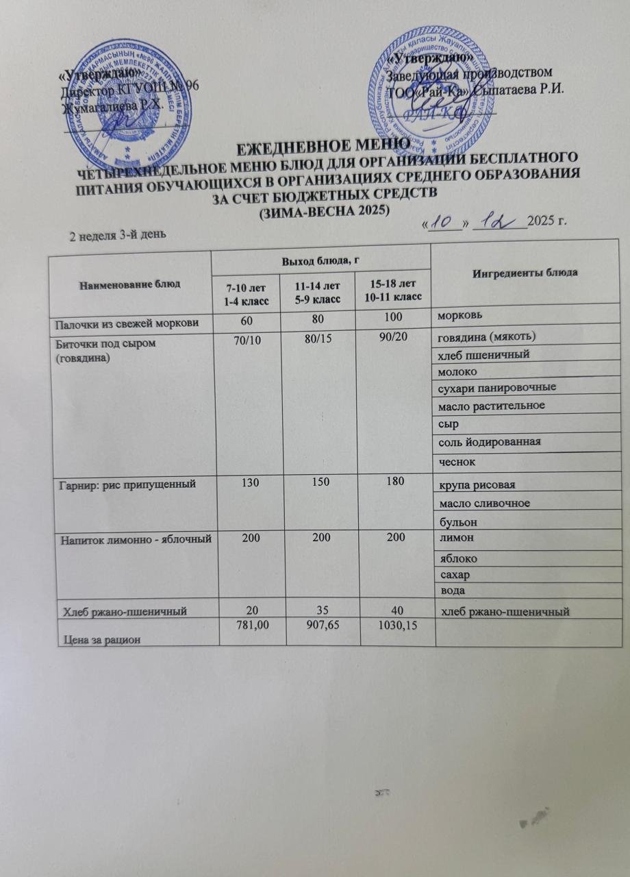 Ас мәзірі/Меню 10.12.2025