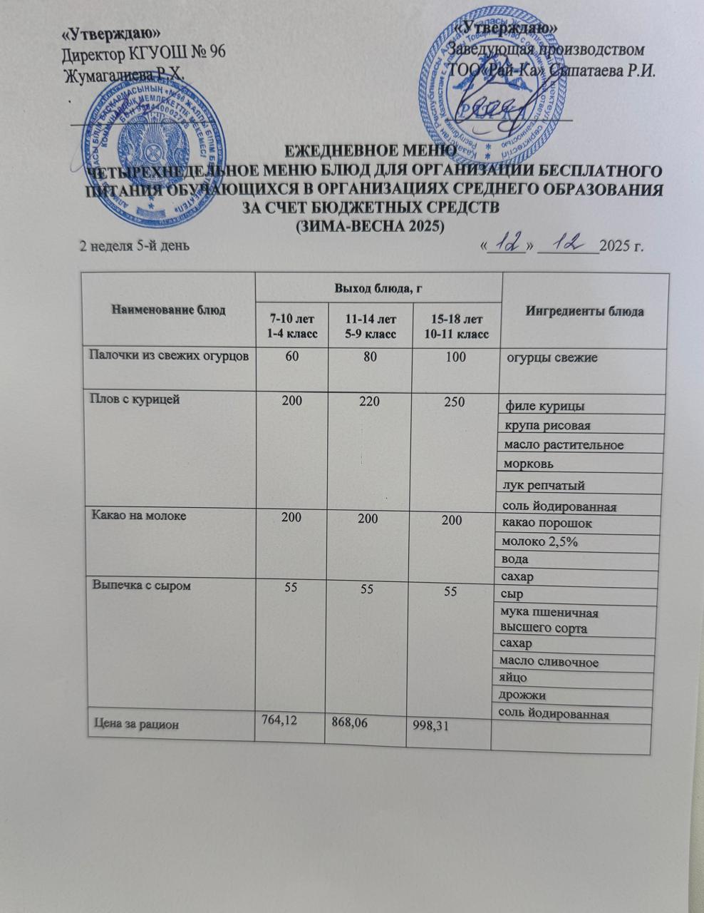 Ас мәзірі/Меню 12.12.2025