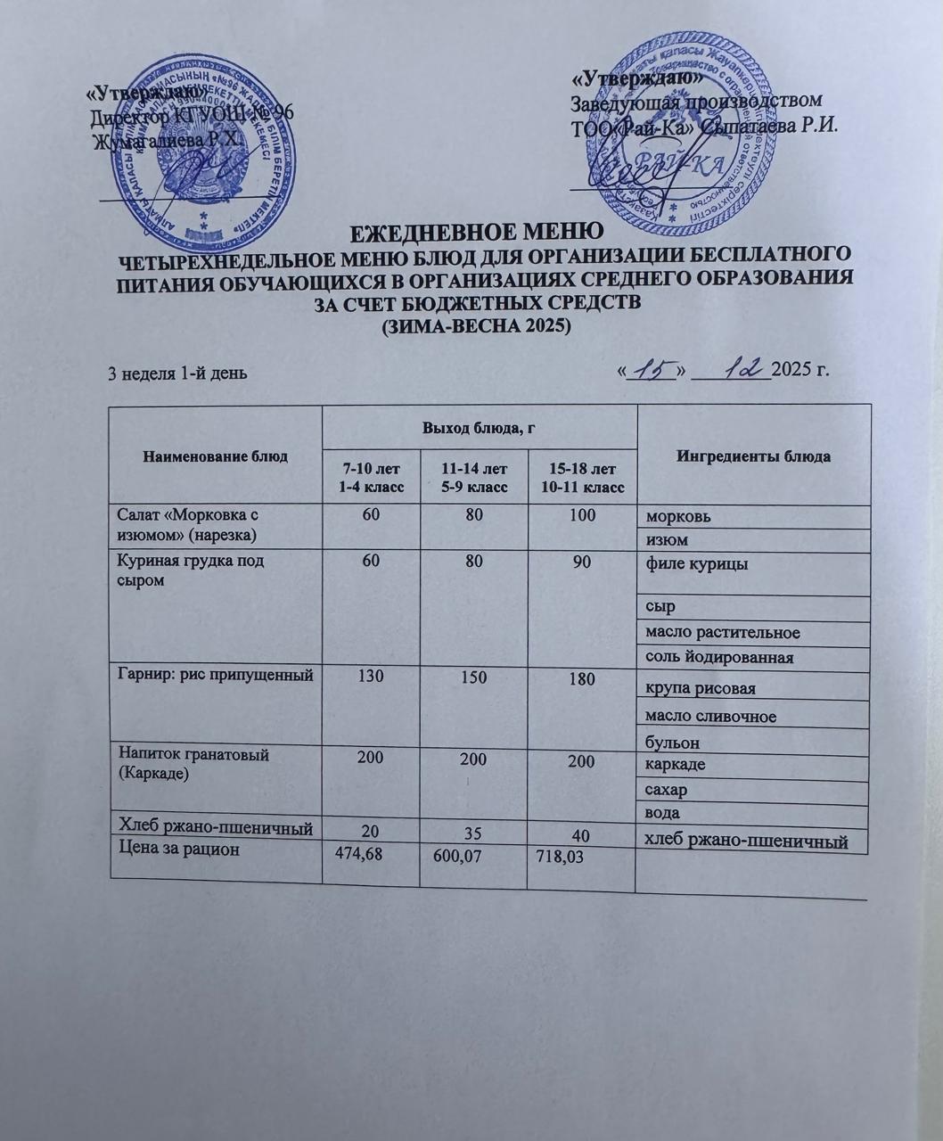 Ас мәзірі/Меню 15.12.2025