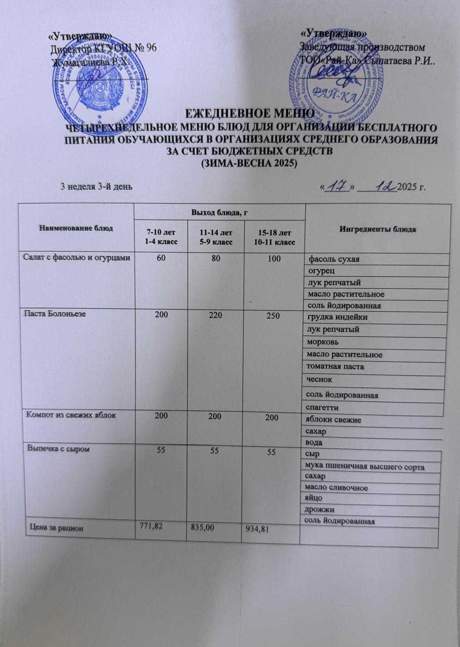 Ас мәзірі/Меню 17.12.2025