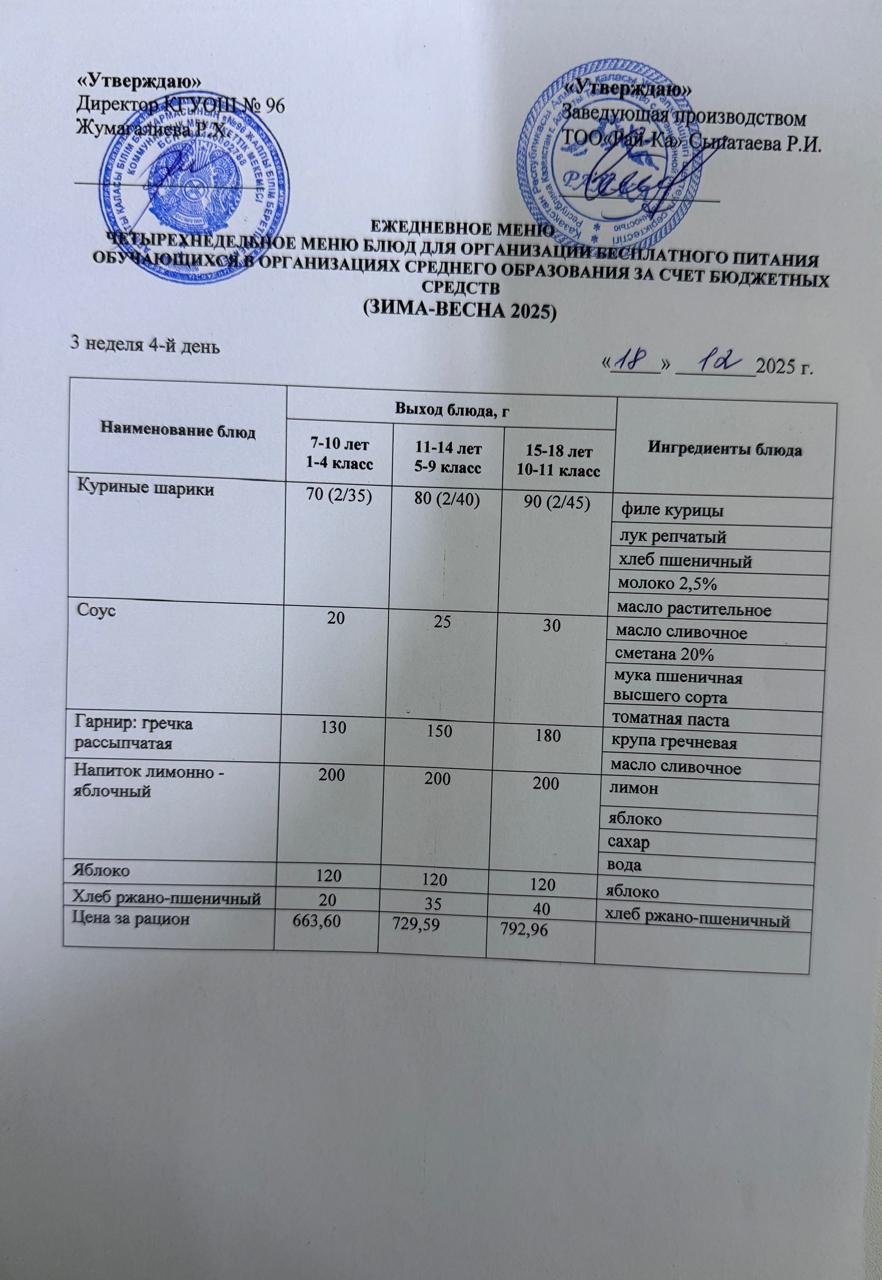 Ас мәзірі/Меню 18.12.2025