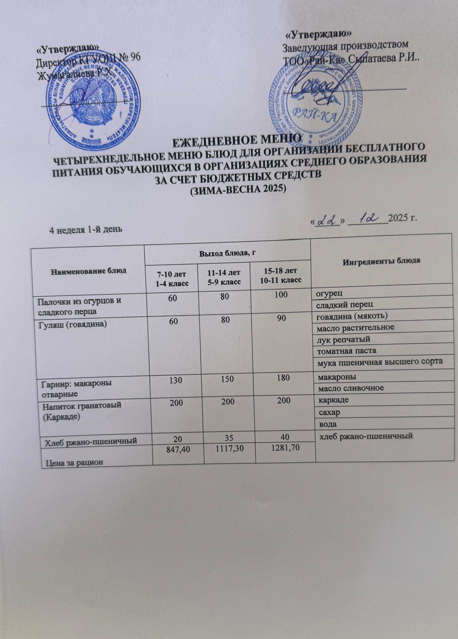 Ас мәзірі/Меню 22.12.2025
