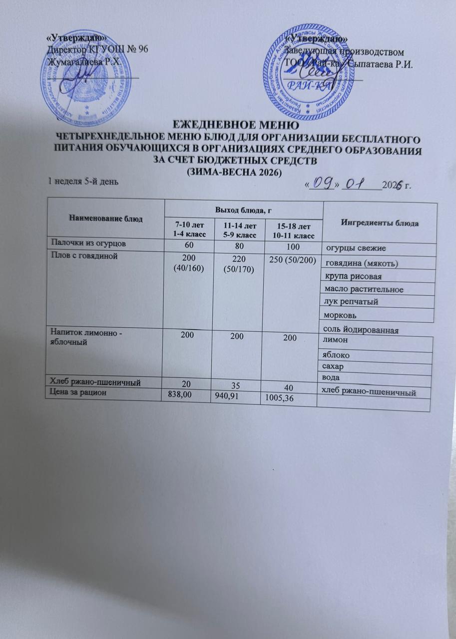 Ас мәзірі/Меню 09.01.2026