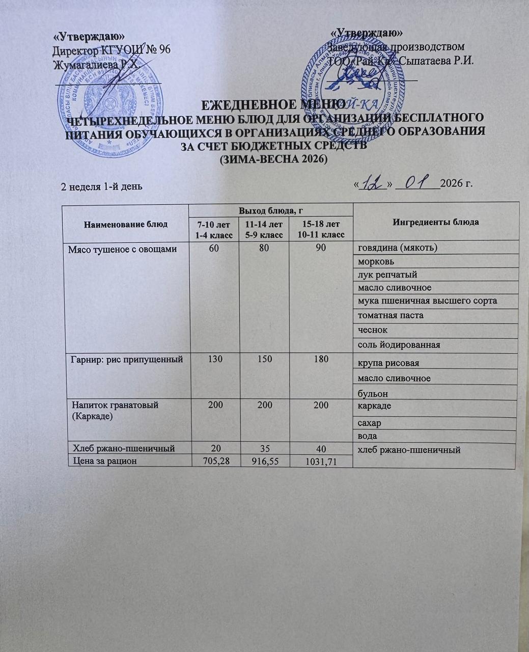 Ас мәзірі/Меню 12.01.2026