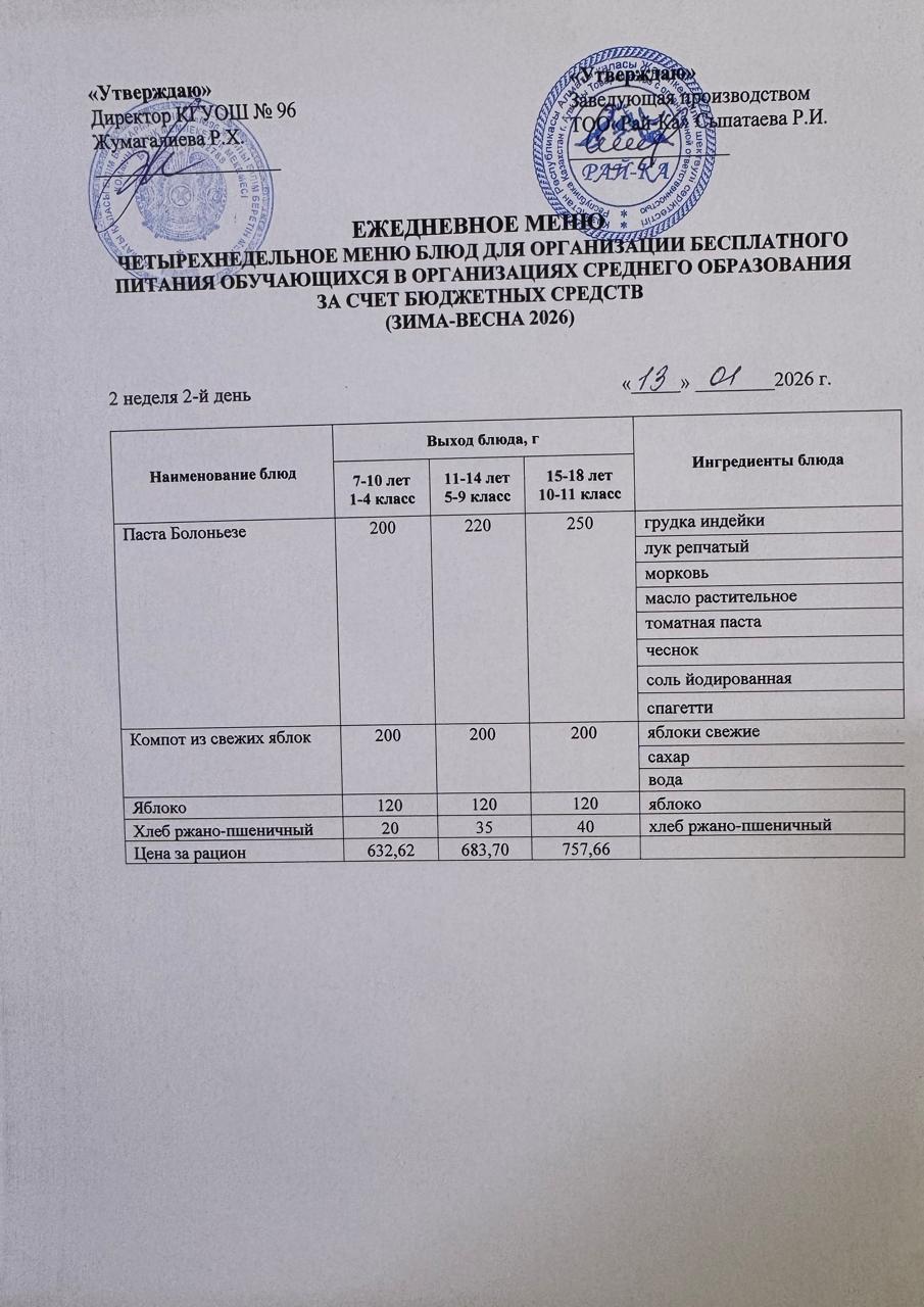 Ас мәзірі/Меню 13.01.2026