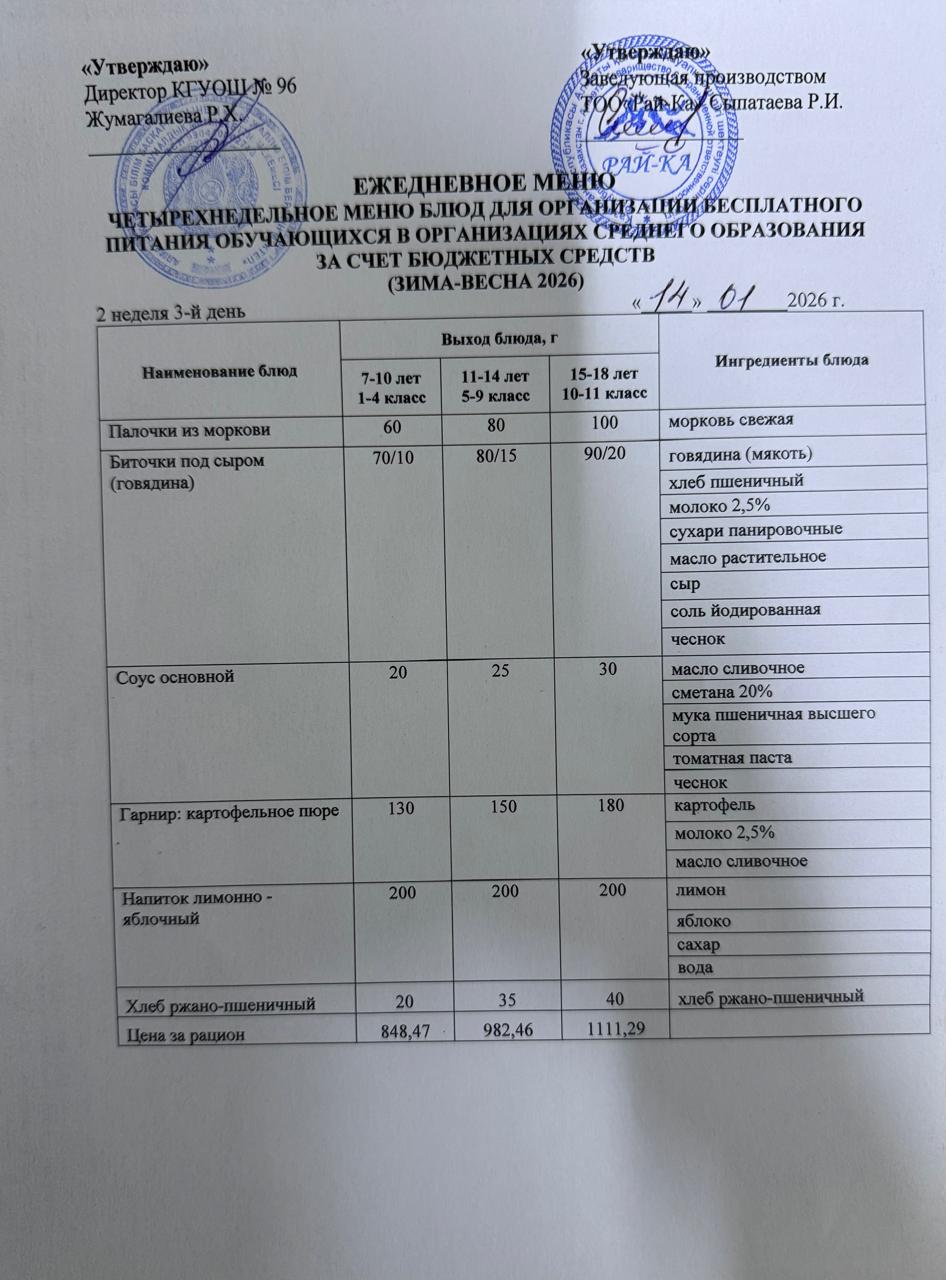 Ас мәзірі/Меню 14.01.2026