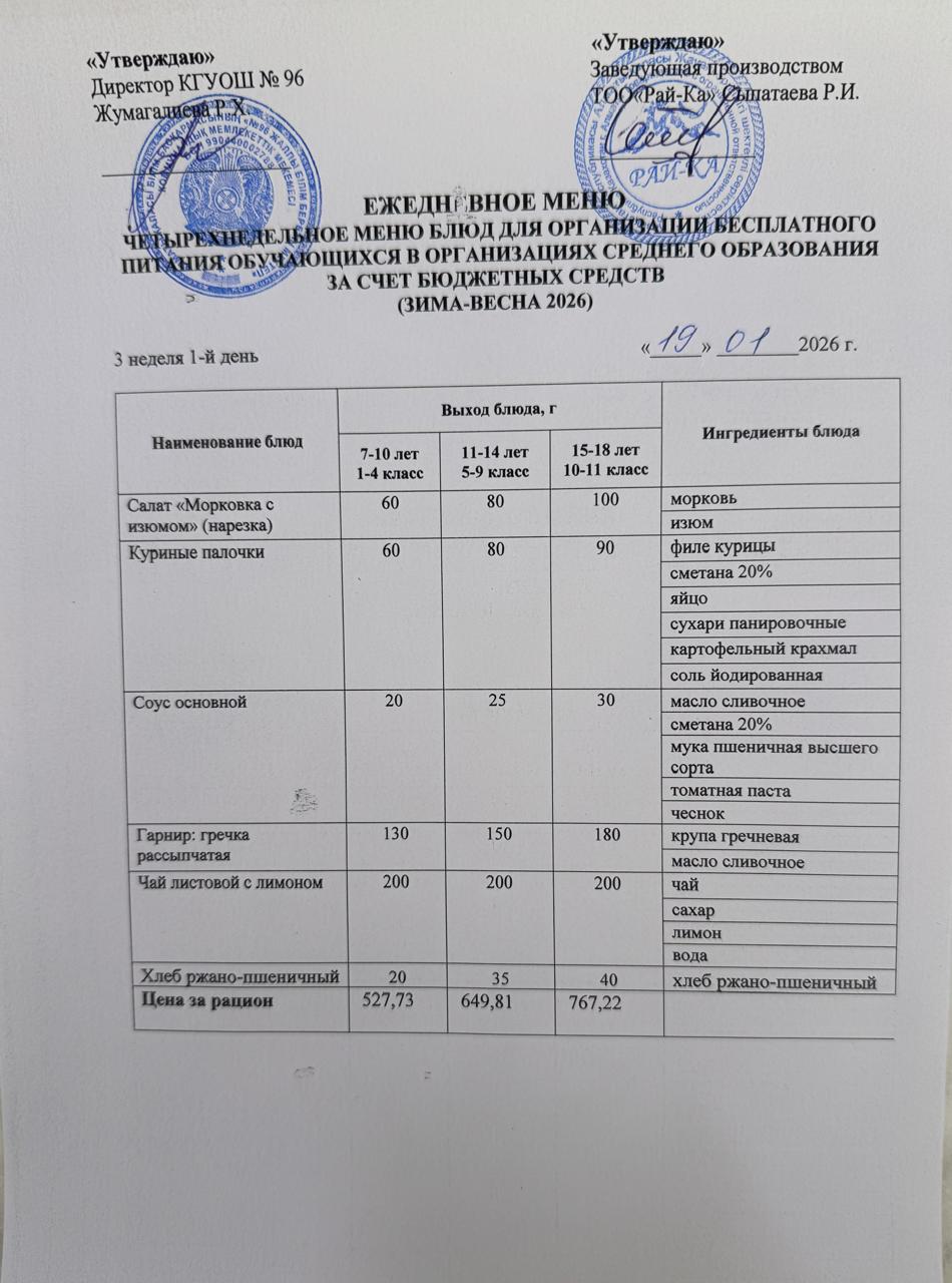 Ас мәзірі/Меню 19.01.2026