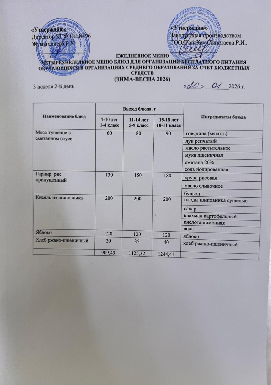 Ас мәзірі/Меню 20.01.2026