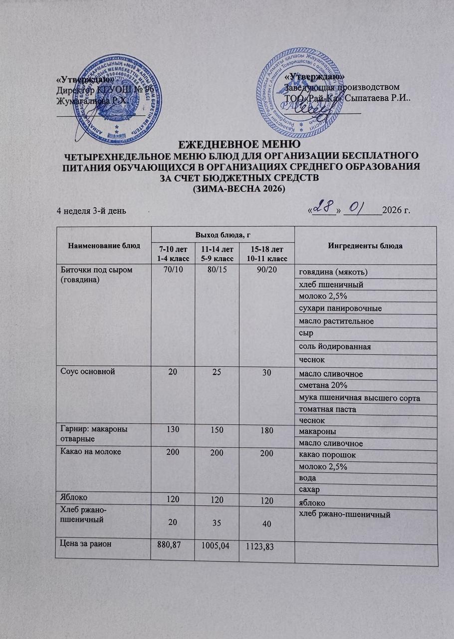 Ас мәзірі/Меню 28.01.2026