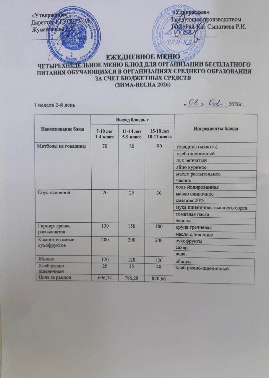 Ас мәзірі/Меню 03.02.2026