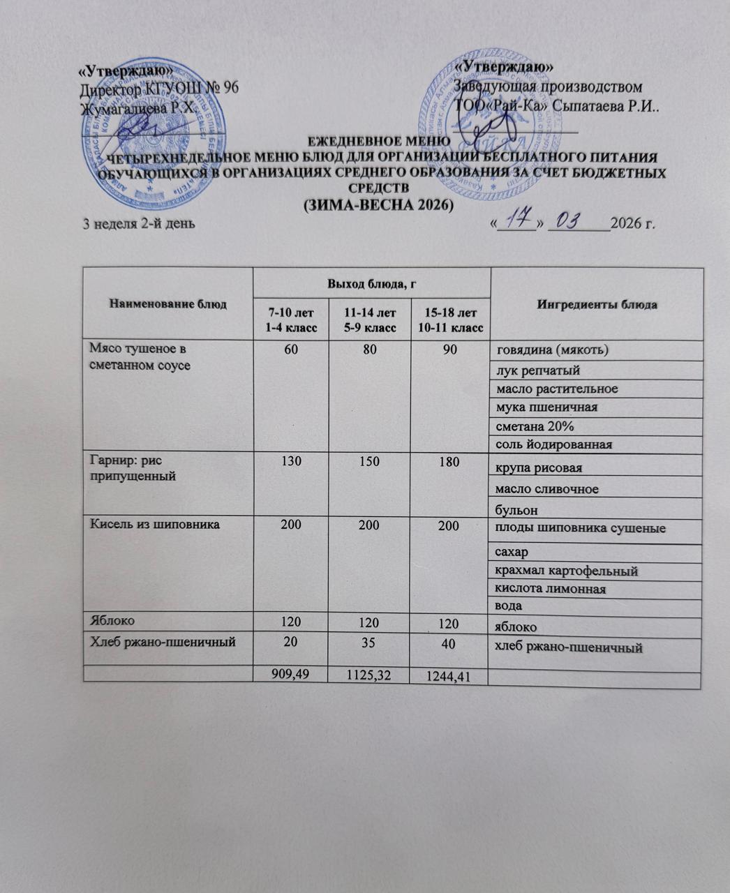 Ас мәзірі/Меню 17.03.2026