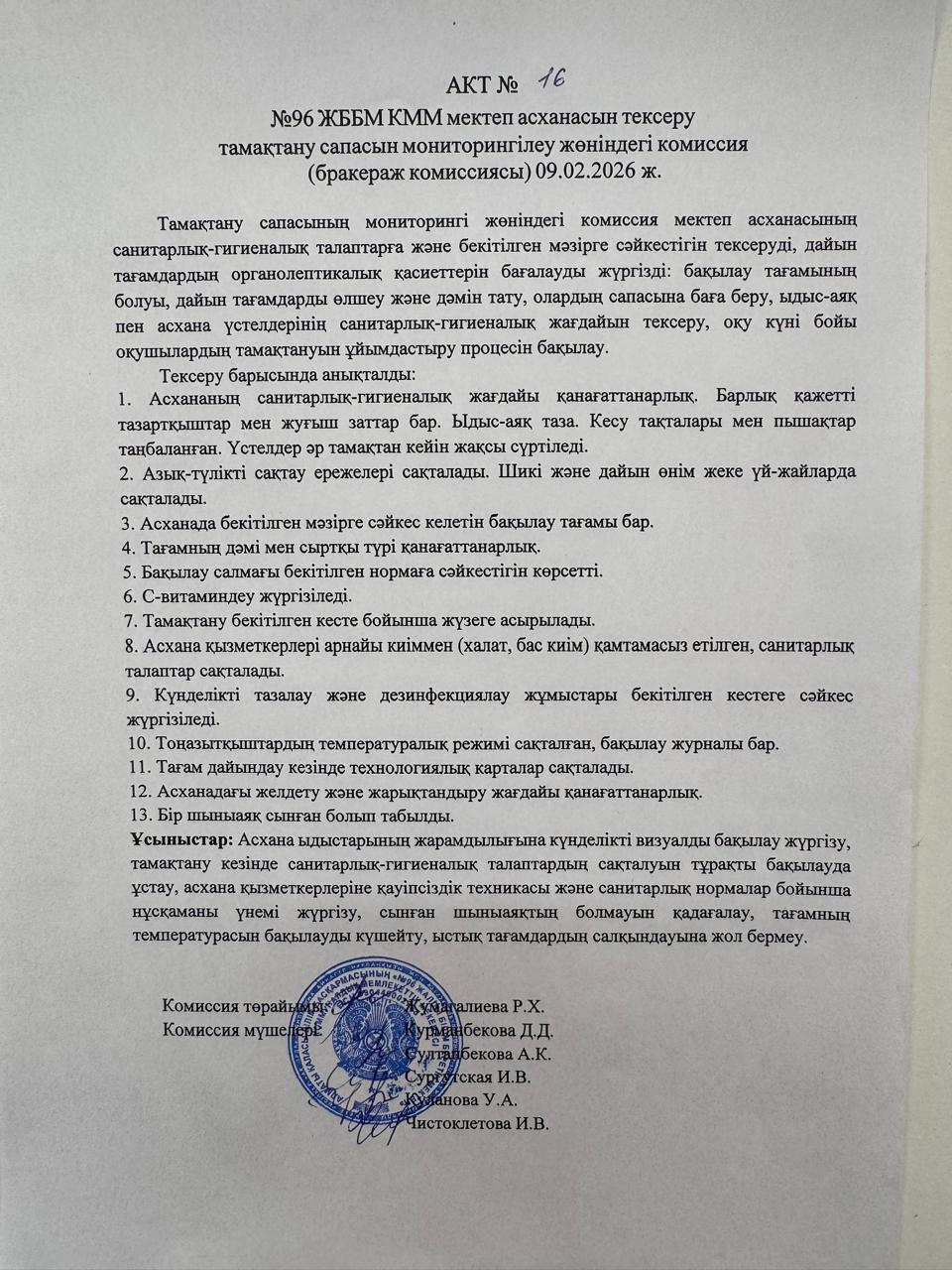 АКТ №16 №96 ЖББМ КММ асханасын сапасын мониторингілеу бракераж комиссиясы