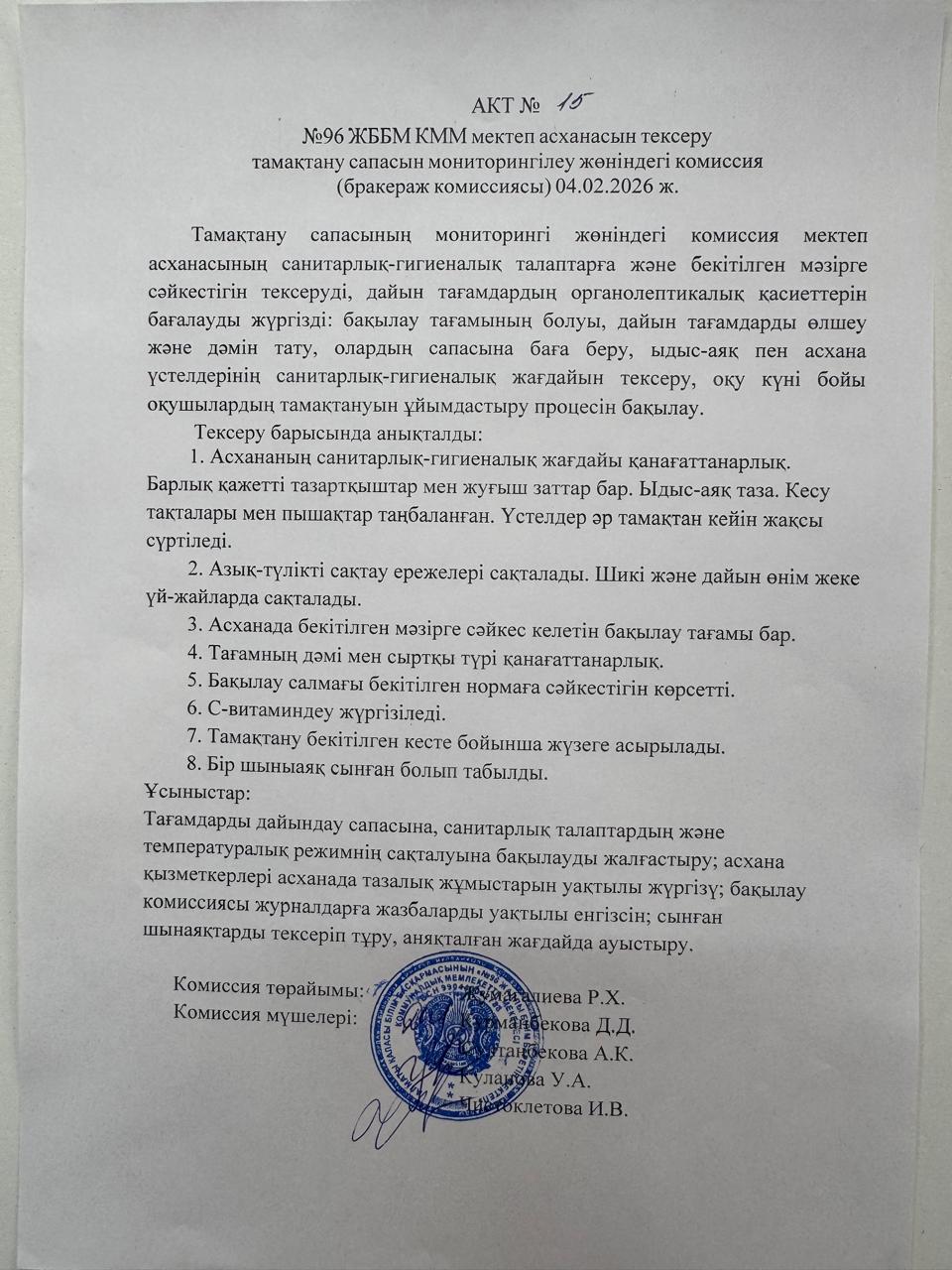 АКТ №15 №96 ЖББМ КММ асханасын сапасын мониторингілеу бракераж комиссиясы