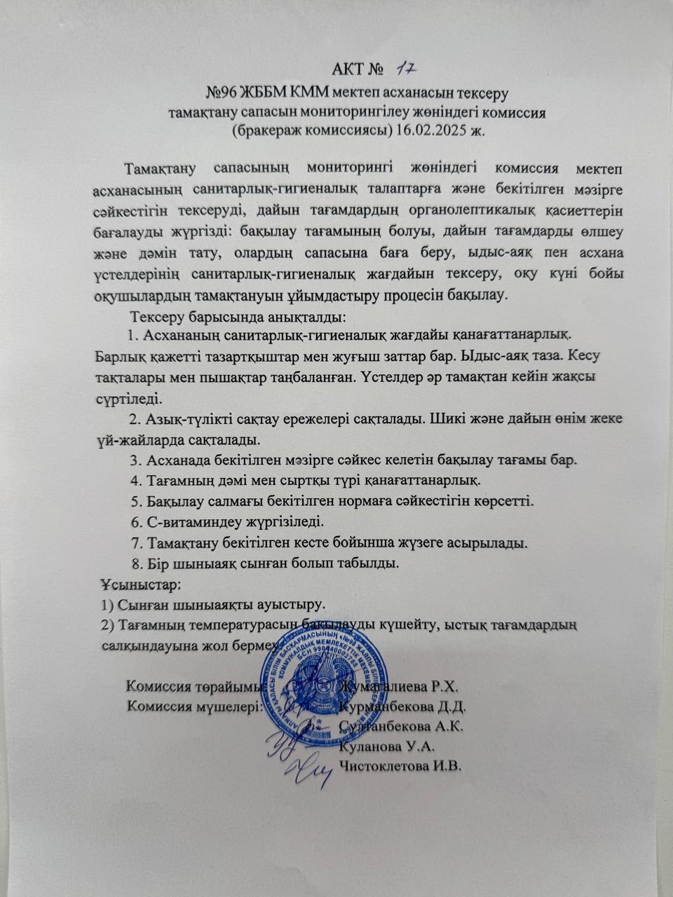 АКТ №17 №96 ЖББМ КММ асханасын сапасын мониторингілеу бракераж комиссиясы
