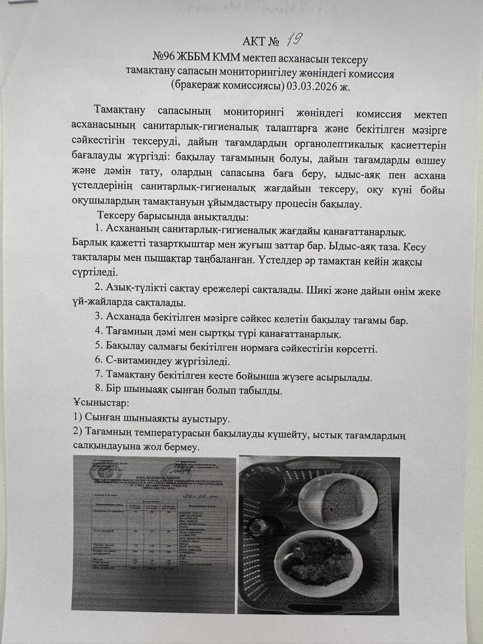 АКТ №19 №96 ЖББМ КММ асханасын сапасын мониторингілеу бракераж комиссиясы