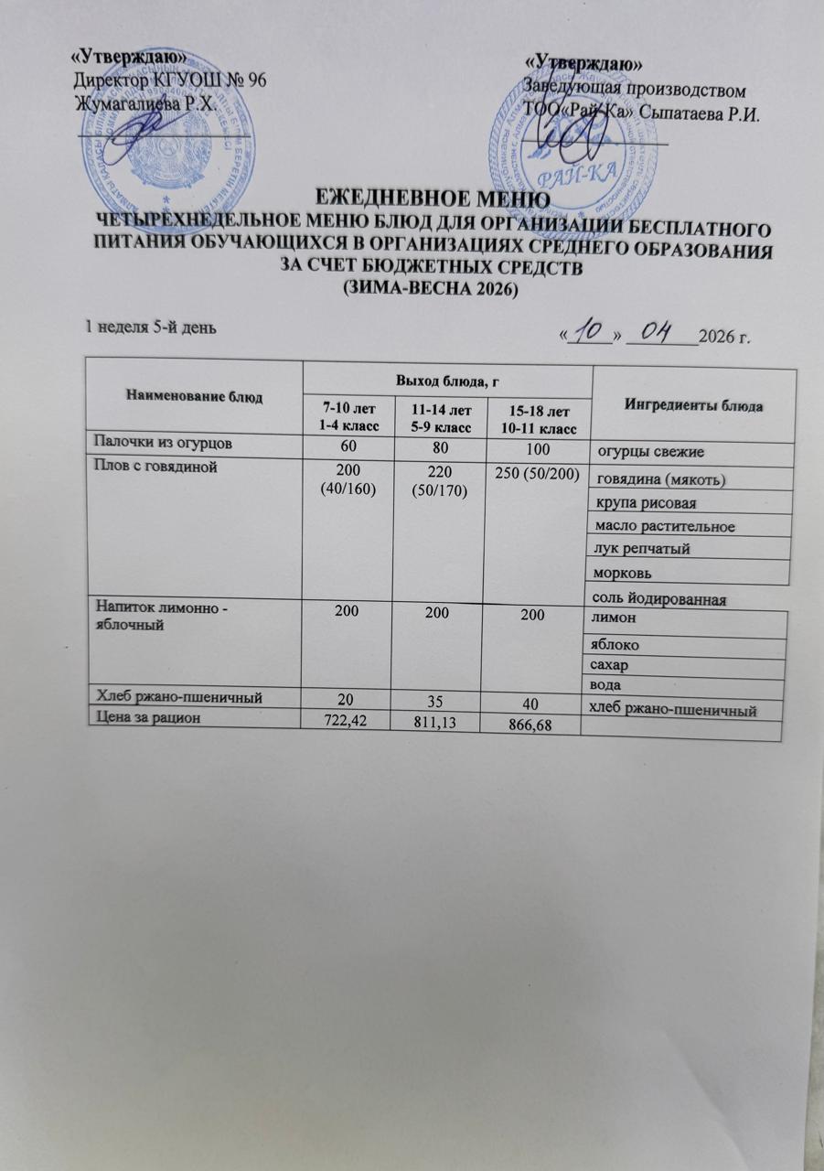 Ас мәзірі/Меню 10.04.2026
