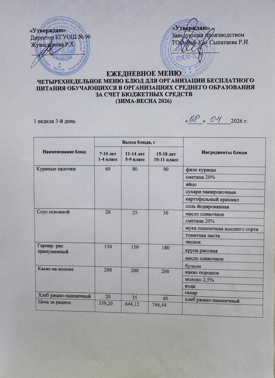 Ас мәзірі/Меню 08.04.2026