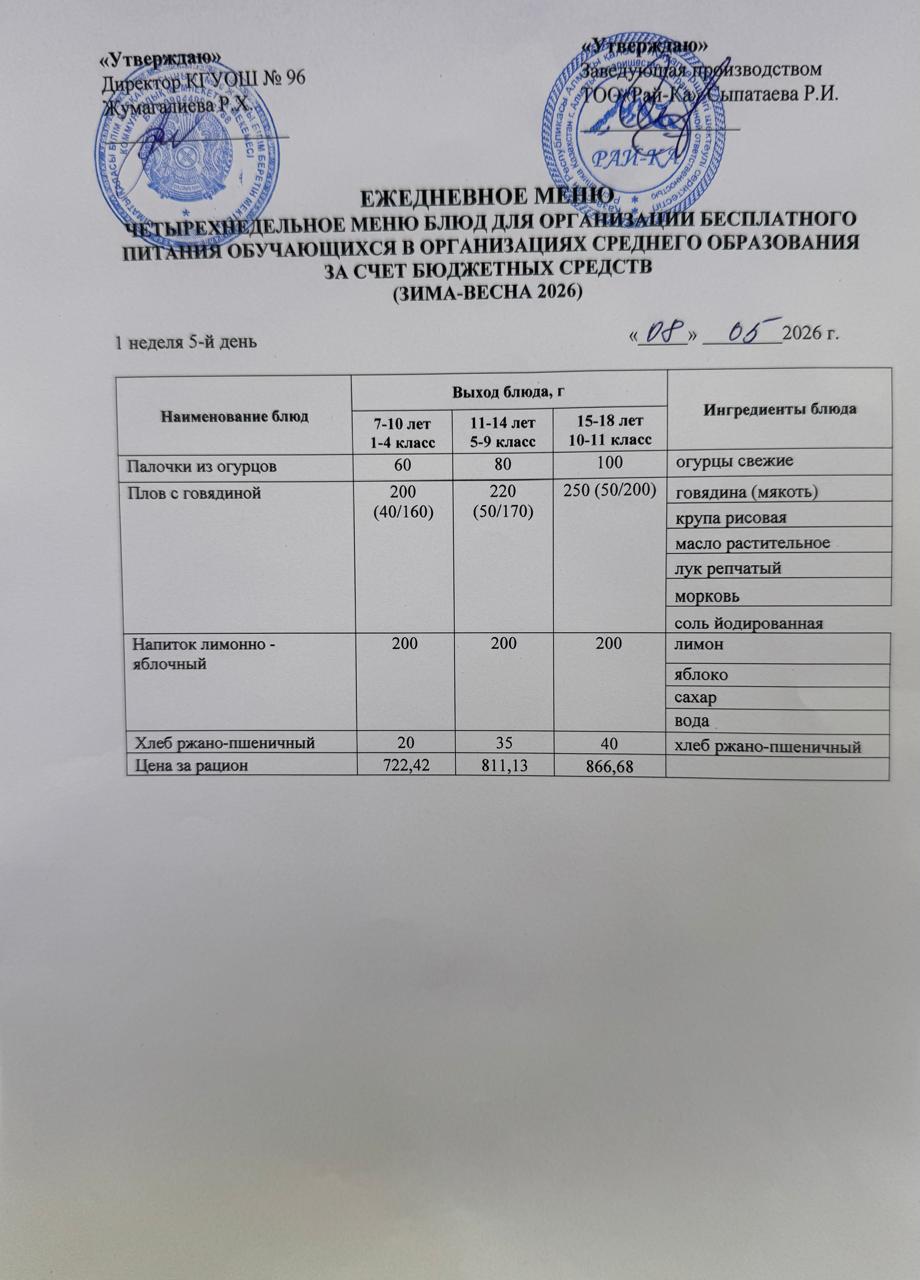 Ас мәзірі/Меню 08.05.2026