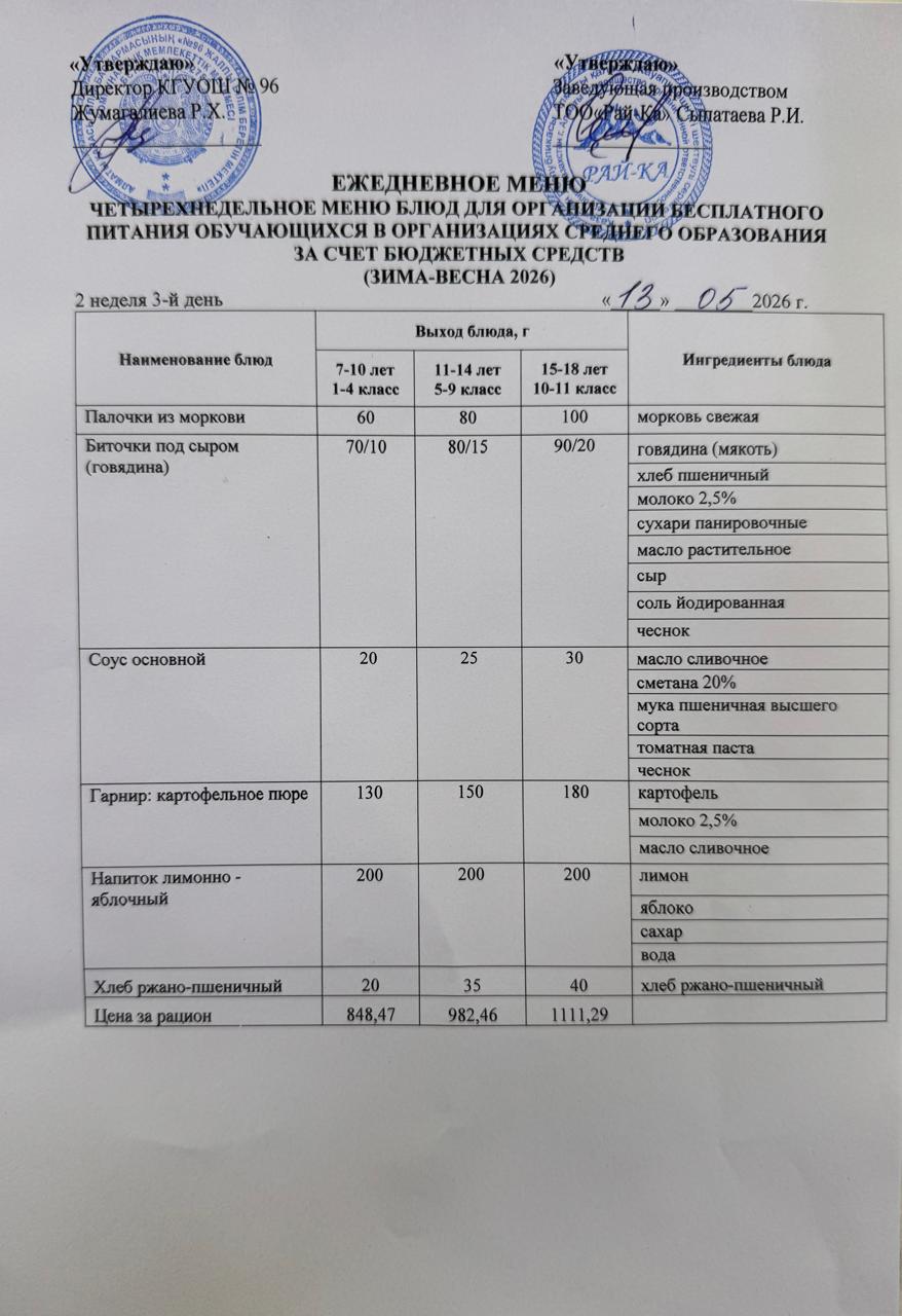 Ас мәзірі/Меню 13.05.2026