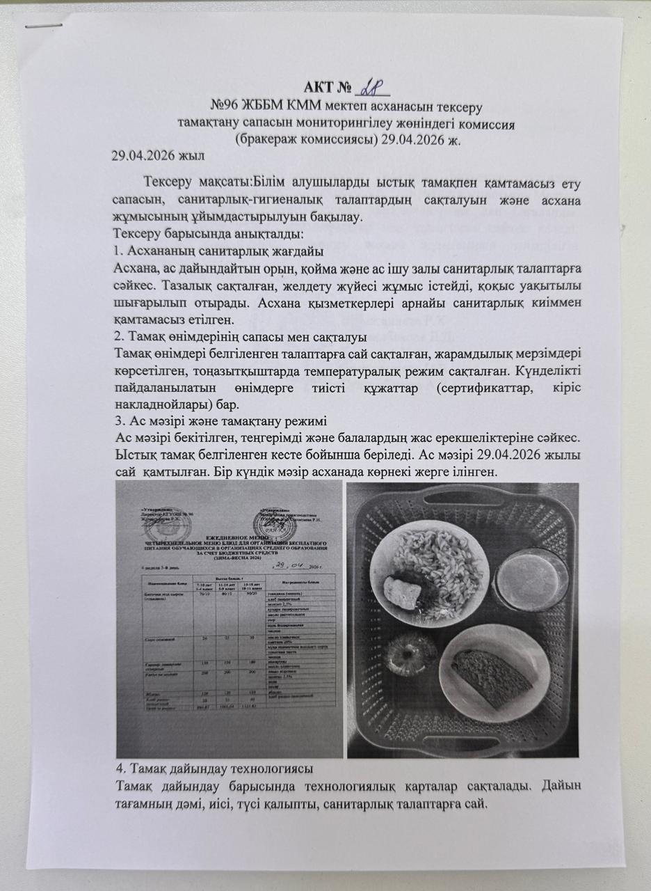 АКТ №28 №96 ЖББМ КММ асханасын сапасын мониторингілеу бракераж