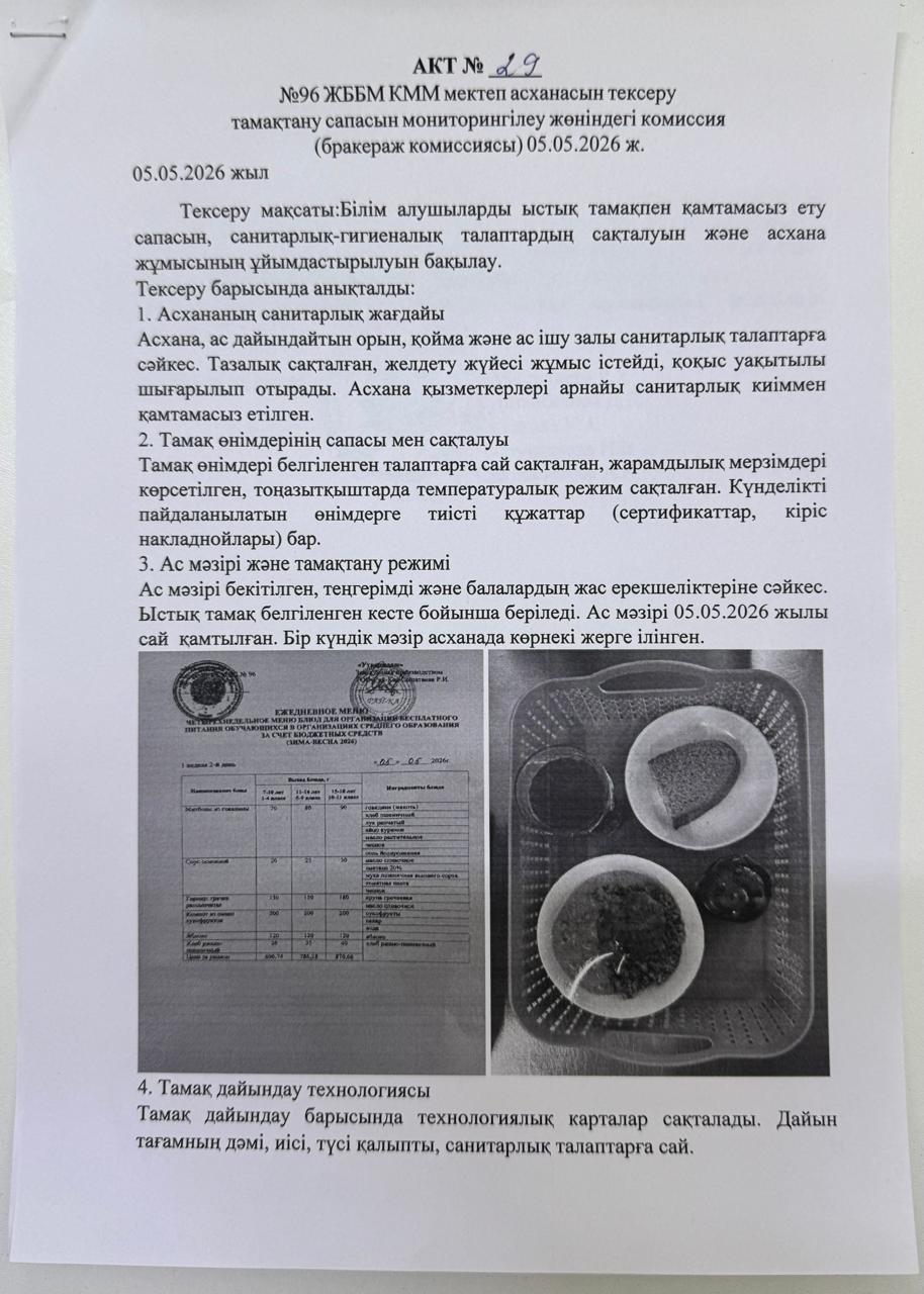 АКТ №29 №96 ЖББМ КММ асханасын сапасын мониторингілеу бракераж