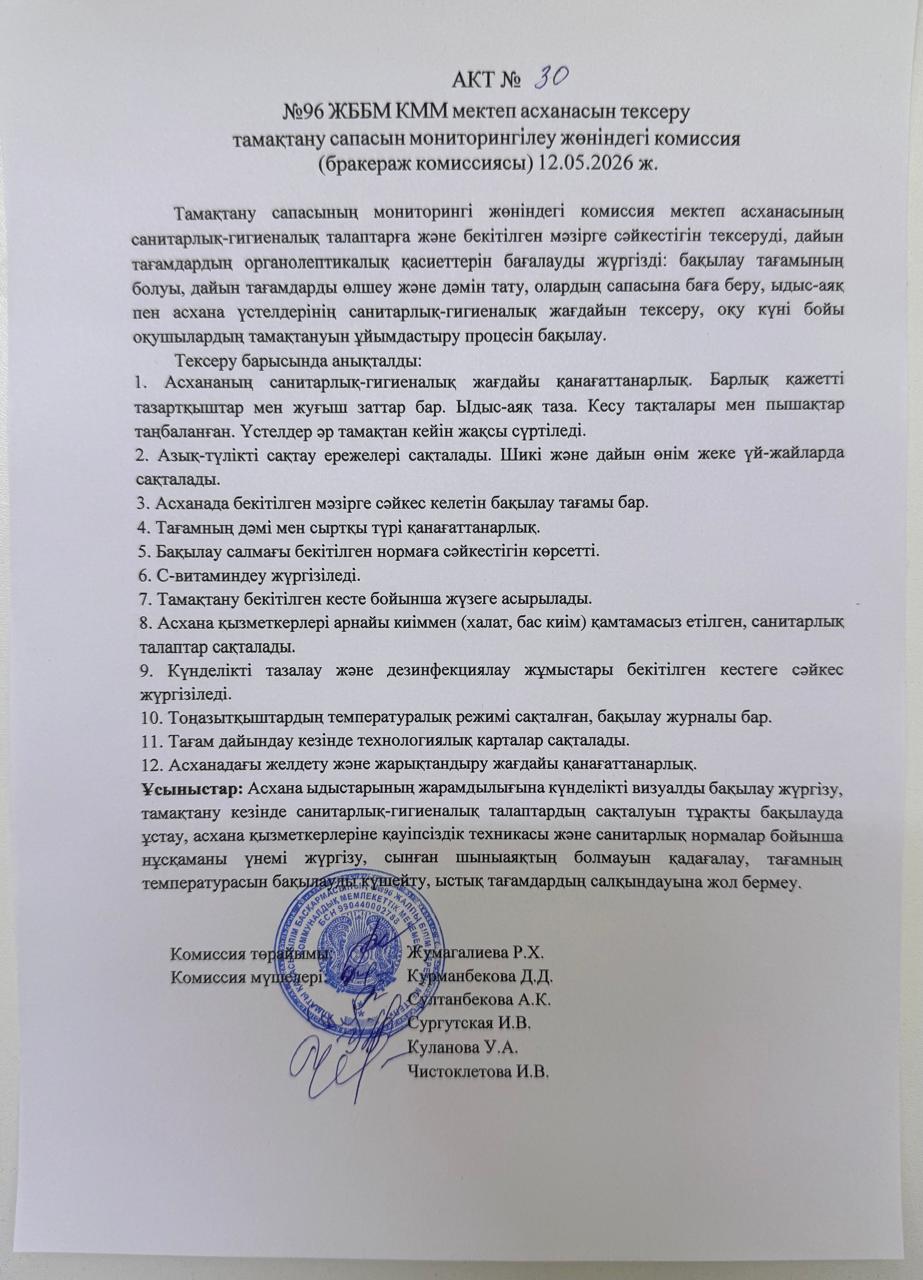 АКТ №30 №96 ЖББМ КММ асханасын сапасын мониторингілеу бракераж