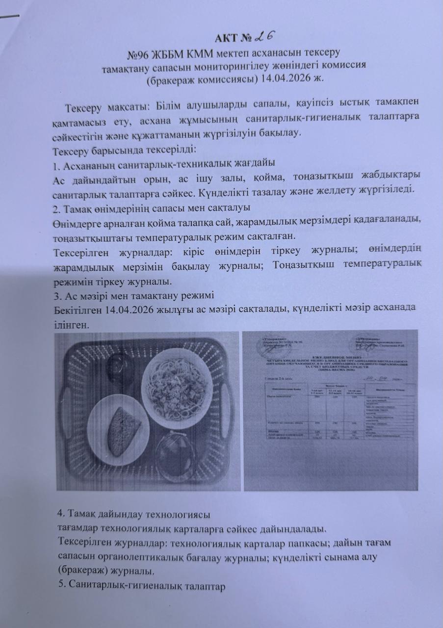 АКТ №26 №96 ЖББМ КММ асханасын сапасын мониторингілеу бракераж